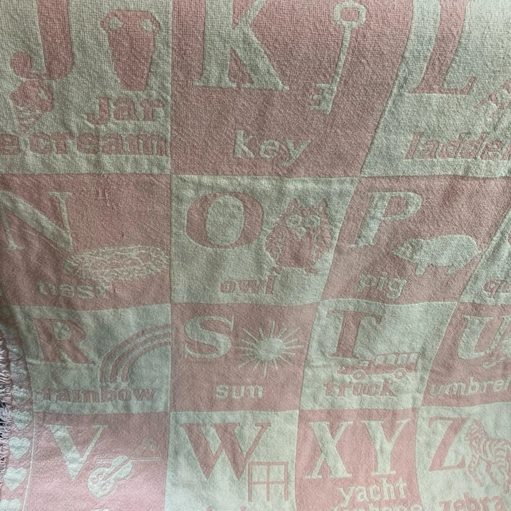 ABC Pink White Woven Tapestry Fringe Baby Blanket Vintage Throw 60x38 Heart Trim